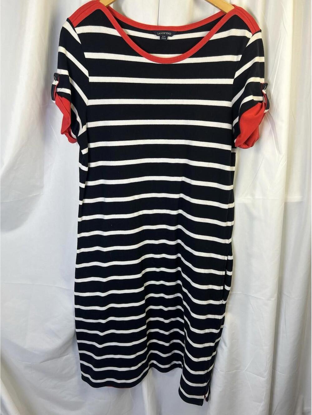 Lands End Navy White Red Stripe Nautical Short Sleeve Casual Dress 10-12